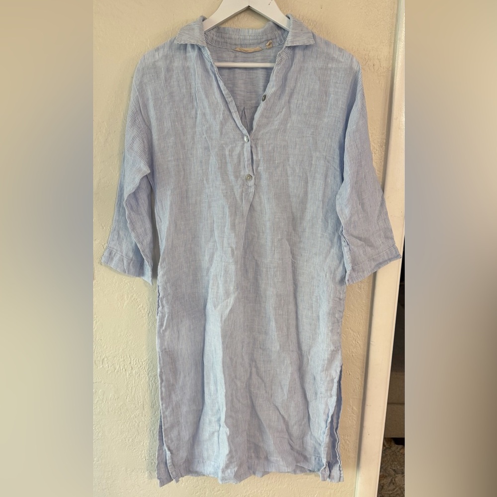 Soft Surroundings Linen Pinstriped Midi Dress Coastal Beach Coverup Resort